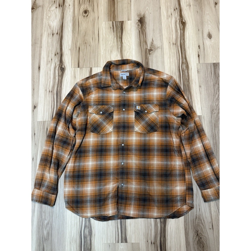 Carhartt Men's XL Orange Rugged Flex Relaxed Fit Flannel Shirt Pearl Snaps